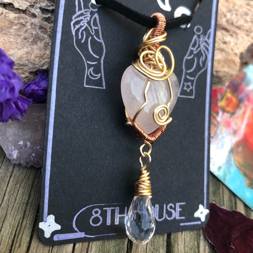 Wire Wrapped Rose Quartz Heart Shaped Dangle Briolette Necklace - Picture 5 of 8